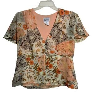 Y2k K Studio Flutter Sleeve Button Tiered Blouse Floral Peach Brown Sz 14 Boho